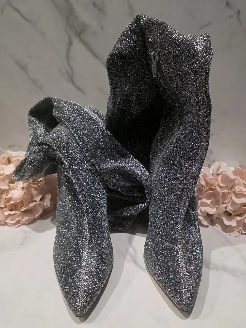 Women's Glitter Pointed-Toe Stiletto Boots - Silver Tone - Thigh High/ Over Knee